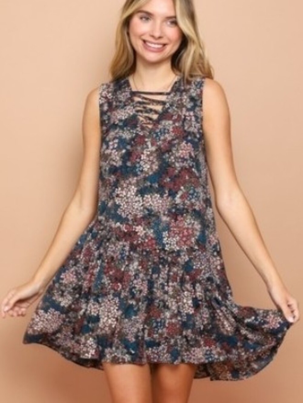Sleeveless Floral Lace-Up Swing Dress - Navy, Burgundy, Cream